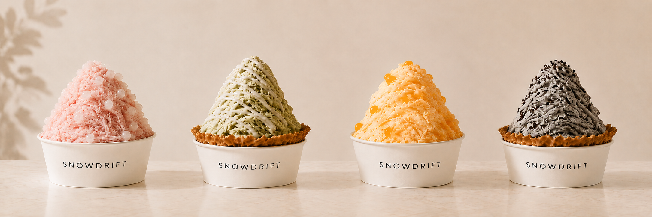 Snowdrift flavors in a row — strawberry, matcha, black sesame, mango