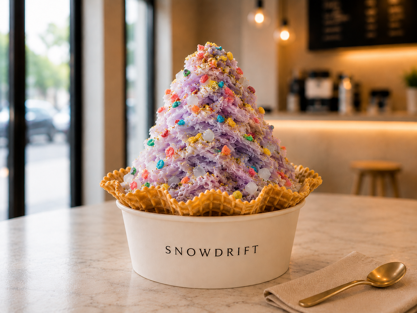 Snowdrift ube shaved snow in a waffle bowl, topped with lychee jelly and pistachio dust